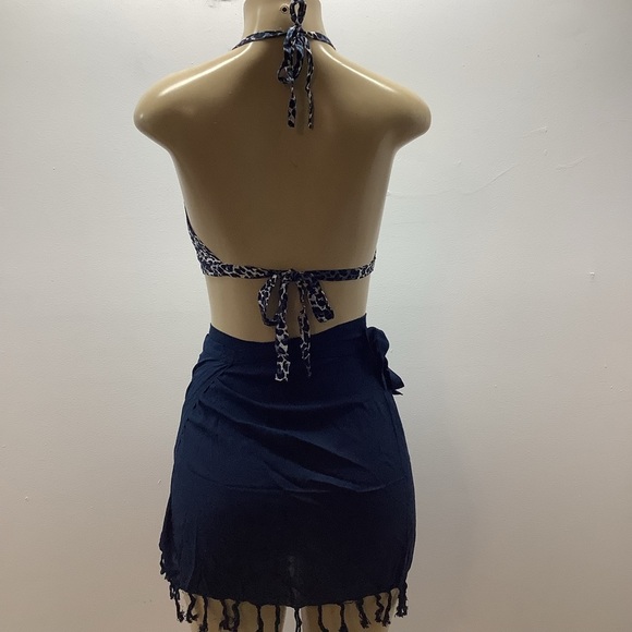 Zuliana Leopard Print Halter Top and Navy Fringe Sarong Skirt. 100% Rayon - Picture 4 of 4